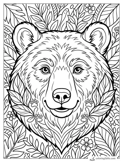 Smiling bear face with paw-print cheek marks, flowers, and dense leafy folk-art background