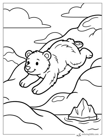 Cartoon bear gliding over snowy clouds and a jagged iceberg in an easy coloring page