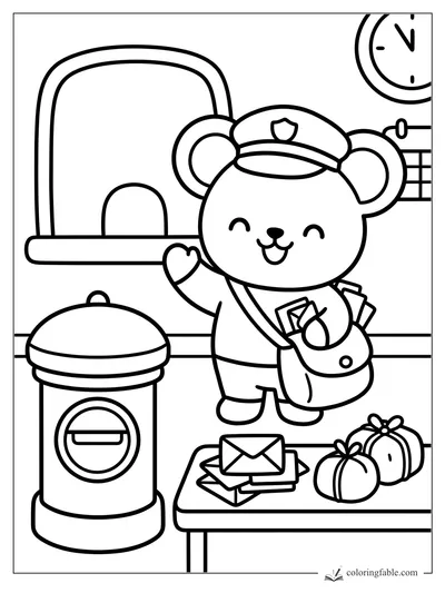Cute bear mail carrier waving beside a mailbox, letters, parcels, clock, and post office window.