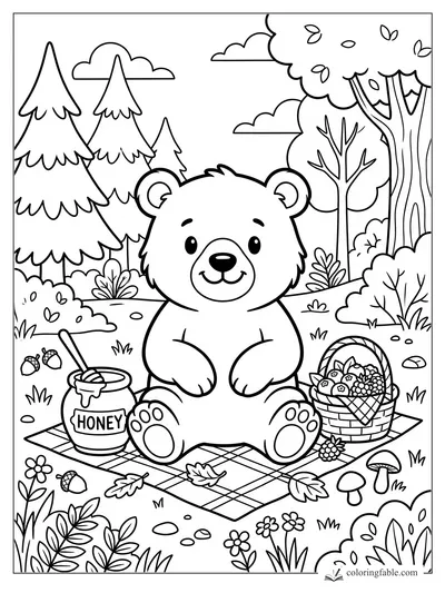 Cute bear on a picnic blanket with honey jar, berry basket, acorns, mushrooms, and forest trees.
