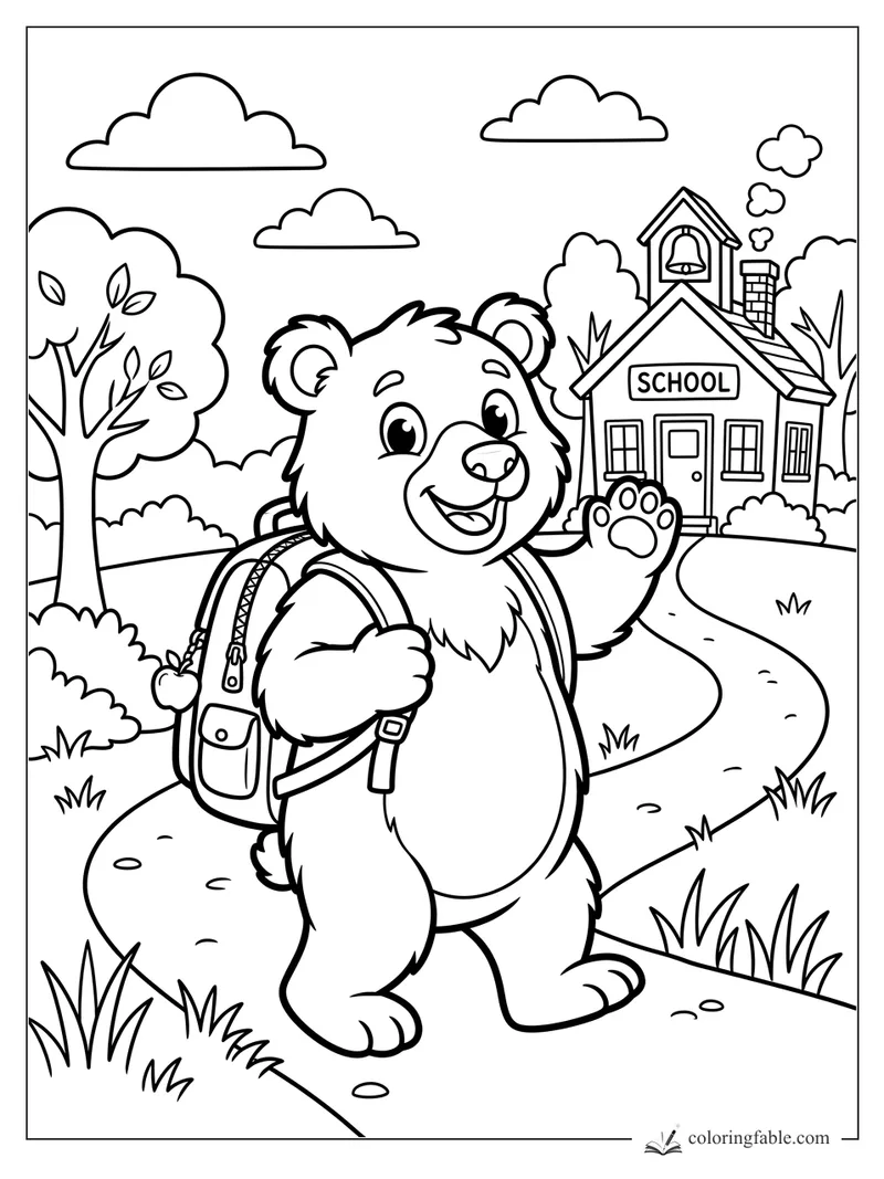 Cartoon bear with backpack waving on a path to a schoolhouse with bell, clouds, trees, and grass.
