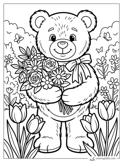 Cartoon bear holding a bouquet, wearing a bow, with tulips, daisies, butterflies, and bushes.