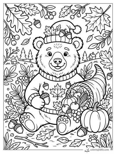 Smiling bear in a sweater and acorn hat beside a cornucopia, pumpkin, leaves, berries, and acorns