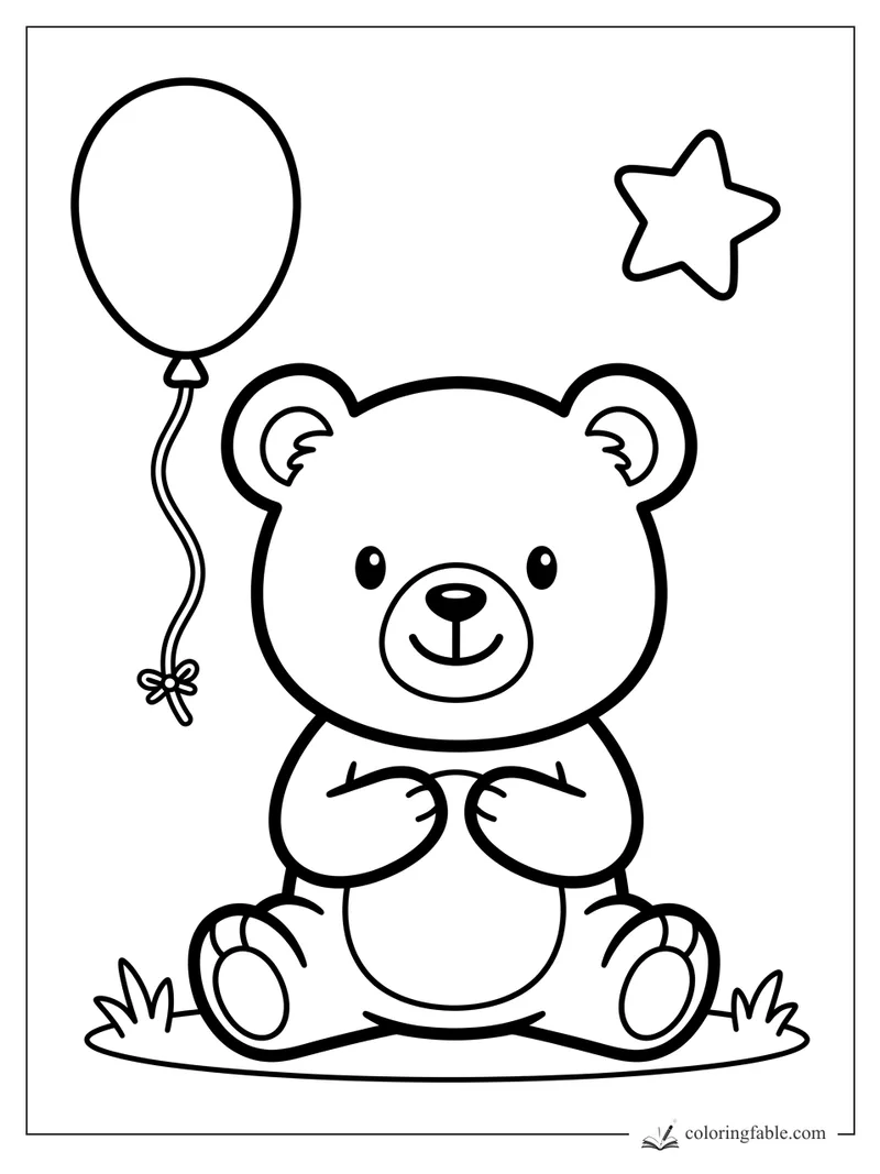 Cute sitting bear with a tied balloon, star, grass tufts, big ears, and rounded paws coloring page