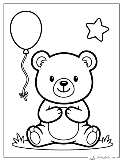 Cute sitting bear with a tied balloon, star, grass tufts, big ears, and rounded paws coloring page