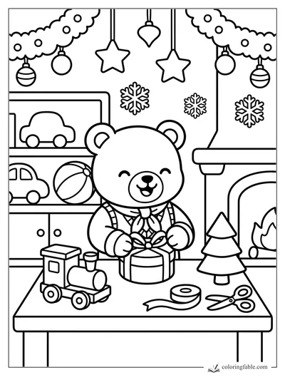 Smiling bear wrapping a present at a craft table with toy train, scissors, garlands, and fireplace.