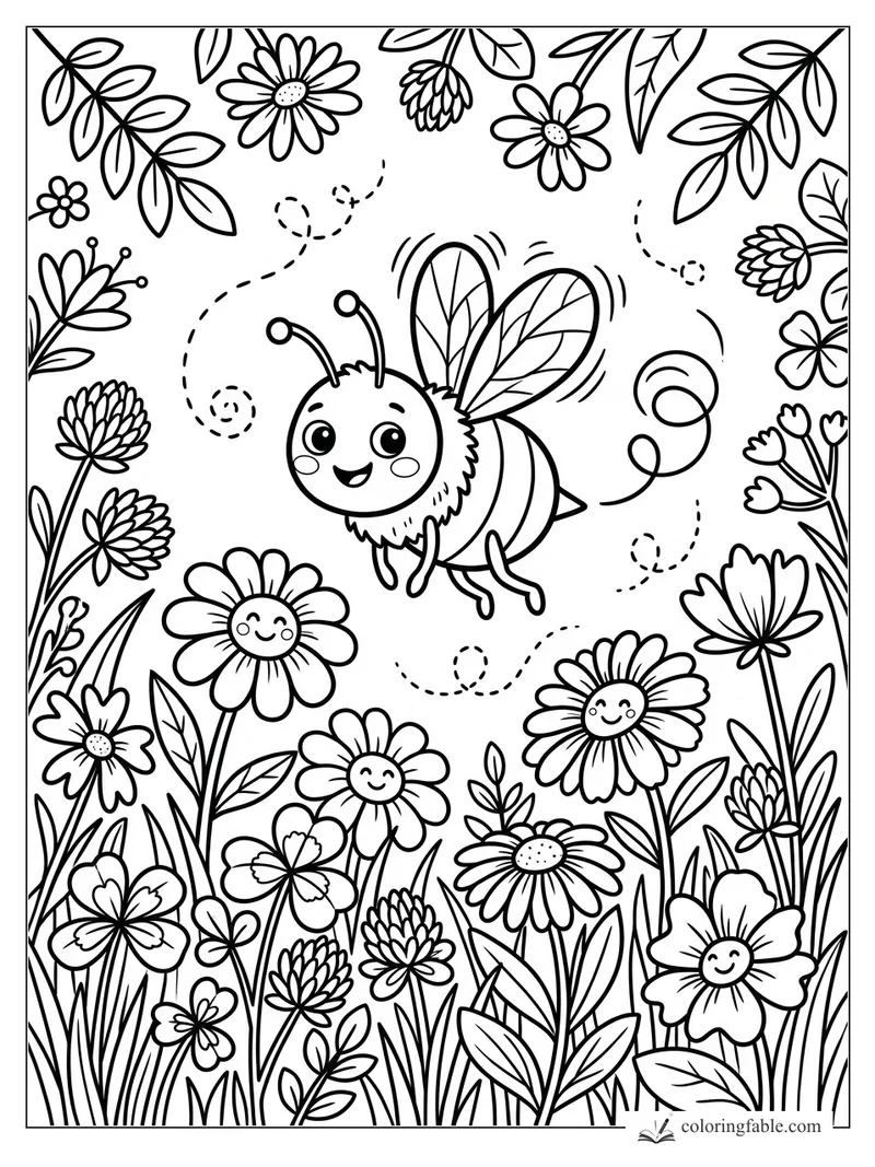Cartoon bee flying over smiling daisies, clover, leaves, and dotted loop trails in a garden coloring page