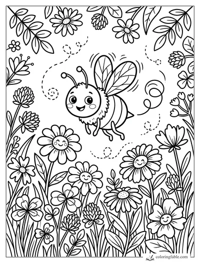 Cartoon bee flying over smiling daisies, clover, leaves, and dotted loop trails in a garden coloring page
