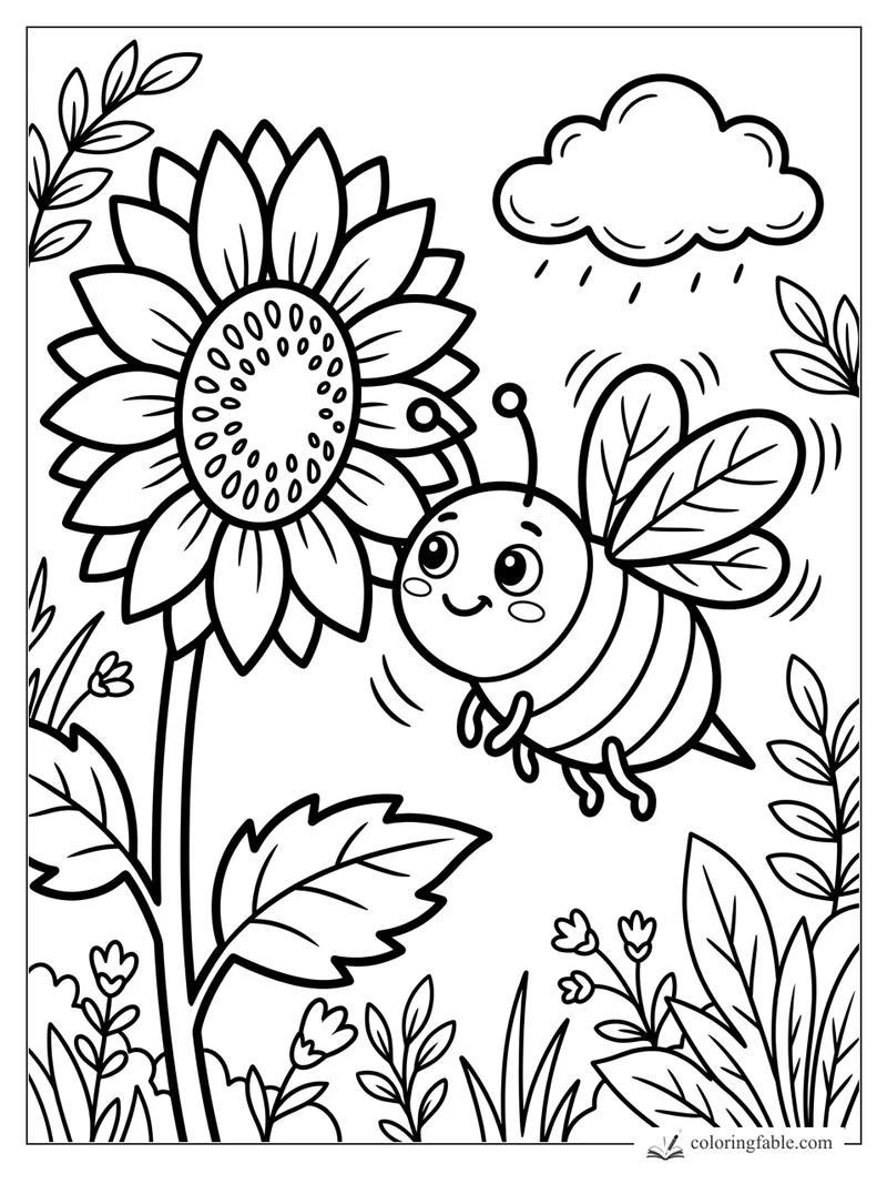 Cartoon bee hovering by a tall sunflower under a small rain cloud, with garden leaves and flowers.