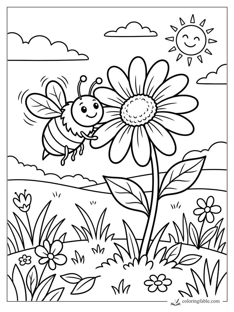 Cartoon bee smiling beside a tall daisy in a sunny meadow with clouds, leaves, and small flowers.