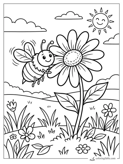 Cartoon bee smiling beside a tall daisy in a sunny meadow with clouds, leaves, and small flowers.