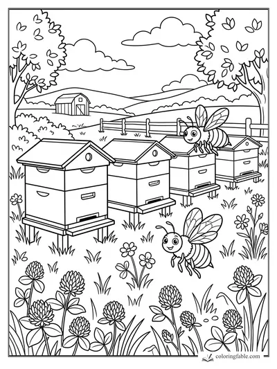 Two smiling bees fly among four beehives, clover flowers, trees, rolling hills, and a small farm barn.