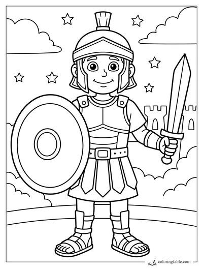 Cartoon Bible soldier smiling with round shield, sword, helmet, stars, clouds, and castle walls