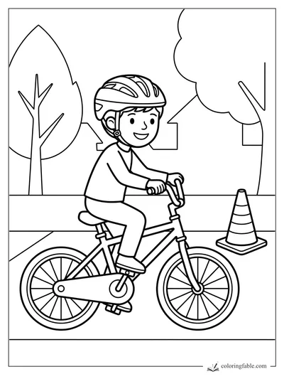 Child in a helmet riding a bicycle past a striped traffic cone, trees, and houses