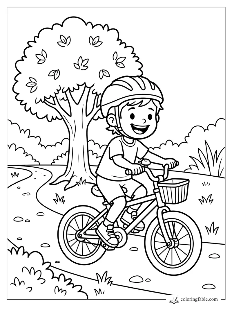 Cartoon child riding a bicycle with a helmet and front basket on a curving park path under a leafy tree.