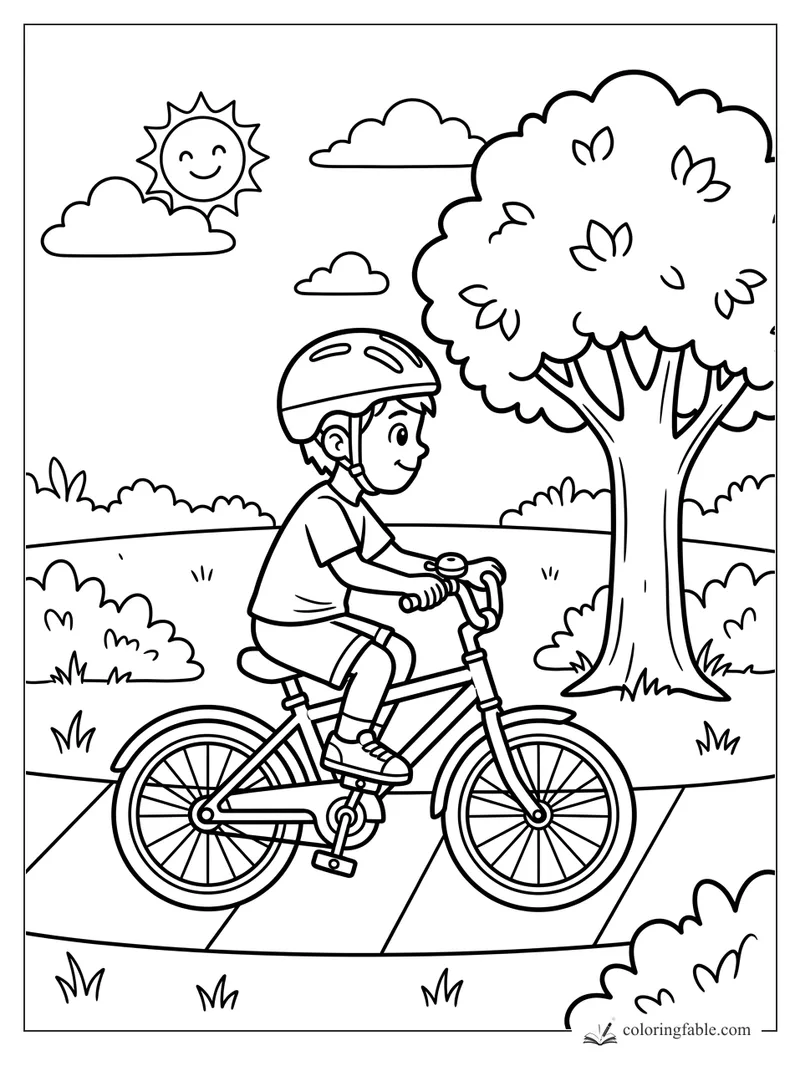 Boy in a helmet rides a bicycle on a park path under a smiling sun and leafy tree.