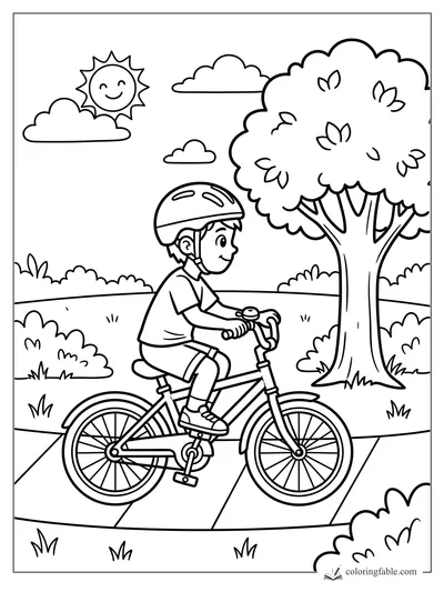 Boy in a helmet rides a bicycle on a park path under a smiling sun and leafy tree.