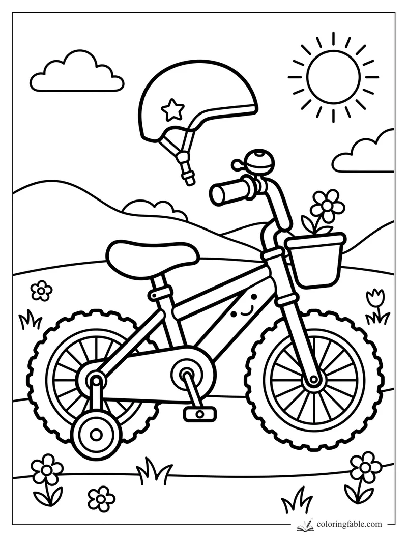 Easy bicycle coloring page with training wheels, helmet, sun, clouds, bell, and flower basket.