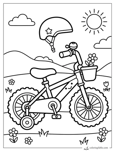 Easy bicycle coloring page with training wheels, helmet, sun, clouds, bell, and flower basket.