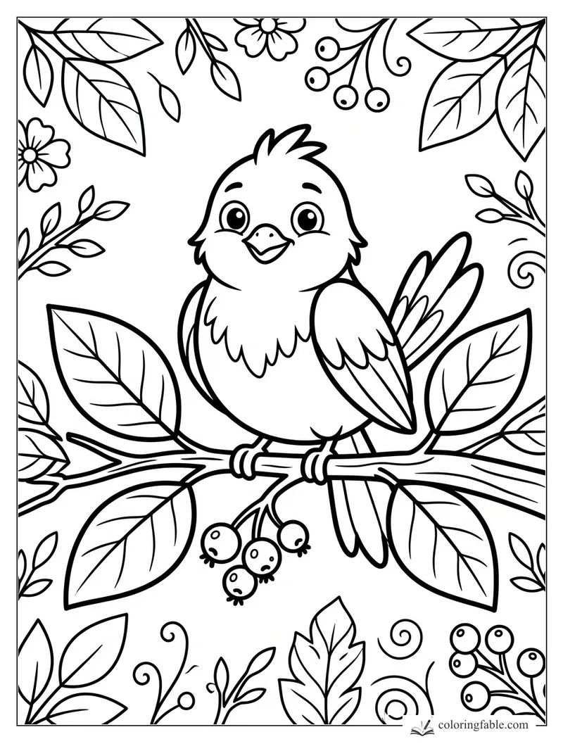 Cute smiling bird perched on a leafy branch with berries, flowers, and curling vines to color.