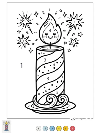 Smiling Birthday Candle with Sparklers — color by number