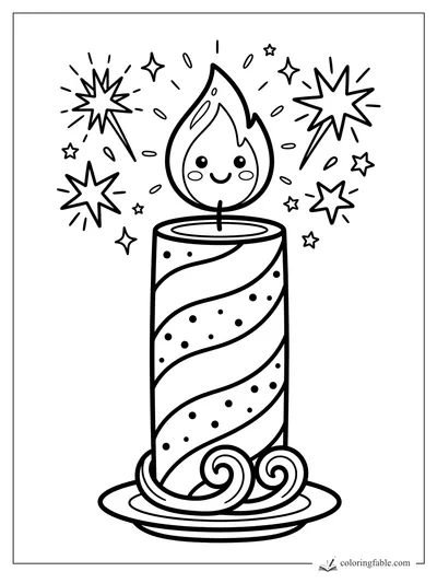 Smiling birthday candle with a striped wax body, star sparklers, confetti, and swirls on a plate.