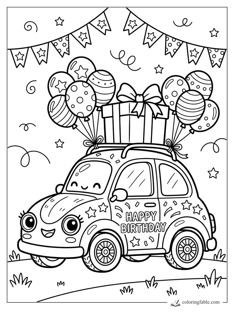 Kawaii birthday car with balloons, roof present, star bunting, and “Happy Birthday” on the door.