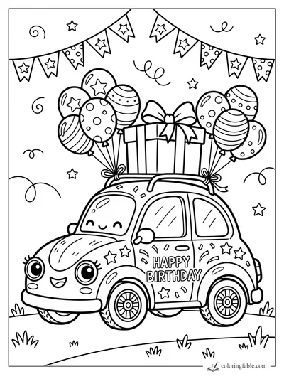 Kawaii birthday car with balloons, roof present, star bunting, and “Happy Birthday” on the door.