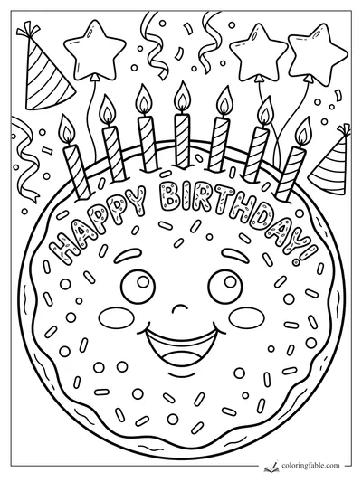 Happy birthday cookie coloring page with candles, sprinkles, party hats, streamers, and star balloons