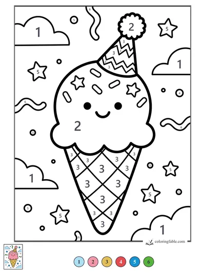 Smiling Birthday Ice Cream Cone in a Party Hat — color by number