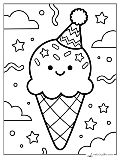 Smiling ice cream cone with party hat, sprinkles, stars, clouds, and wavy streamers.