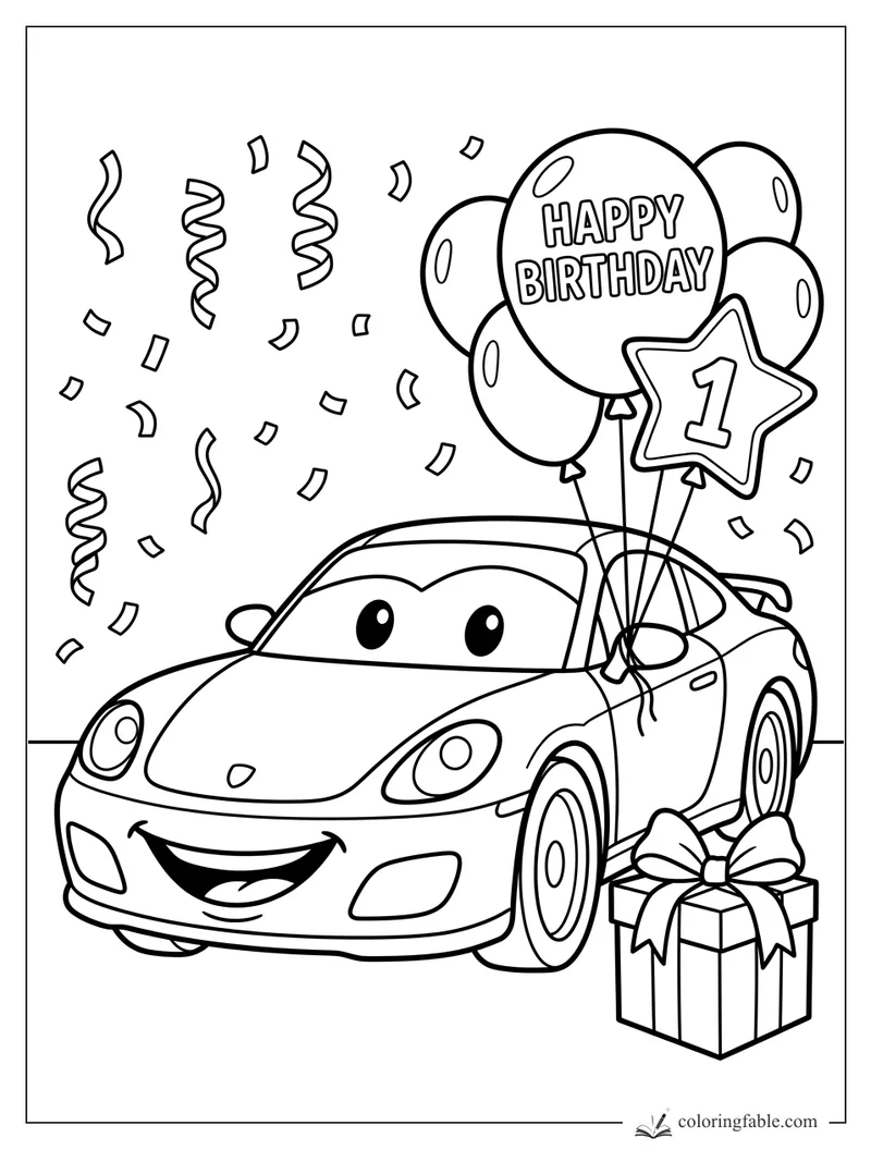 Cartoon sports car smiling with Happy Birthday balloons, a number 1 star balloon, confetti, and a gift box.