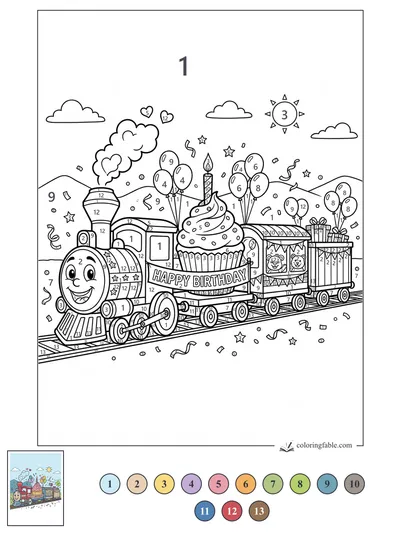 Smiling Birthday Train With Cupcake Car — color by number