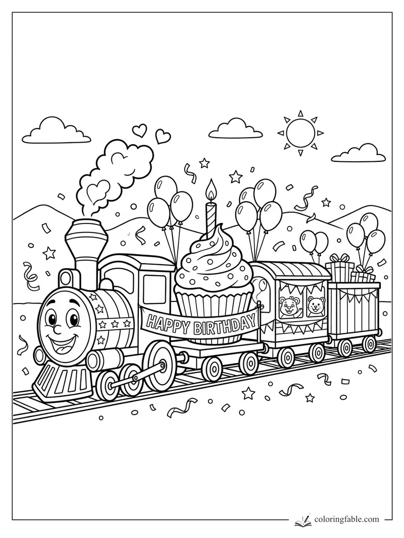 Cartoon birthday train with smiling engine, giant cupcake, balloons, gifts, confetti, and animal passengers