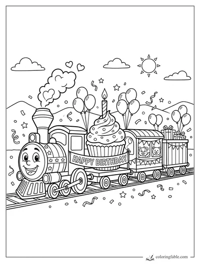 Cartoon birthday train with smiling engine, giant cupcake, balloons, gifts, confetti, and animal passengers