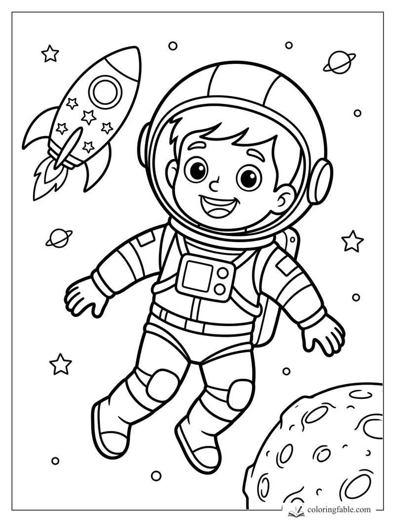 Cartoon boy astronaut floating near a star-covered rocket, planets, stars, and a cratered moon.