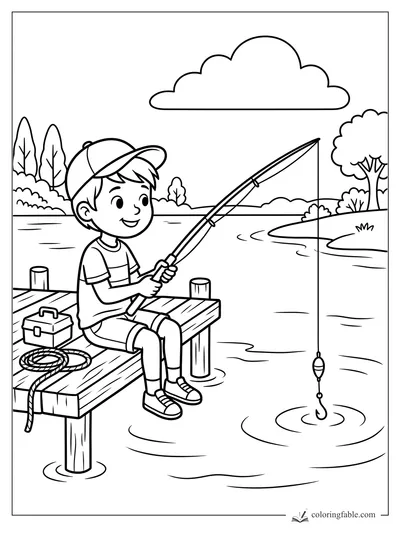 Boy in a cap fishing from a wooden dock with tackle box, rope, trees, clouds, and a bobber on the lake.
