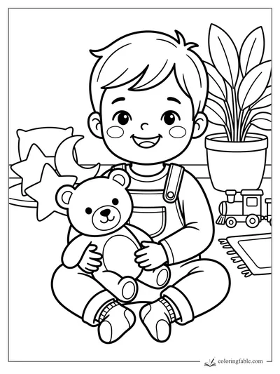 Kawaii boy hugging a teddy bear beside pillows, a potted plant, toy train, and small rug.