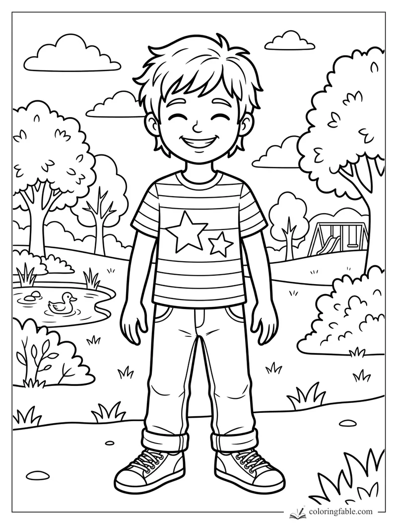 Smiling boy in a striped star shirt standing by a pond, trees, clouds, and a playground.