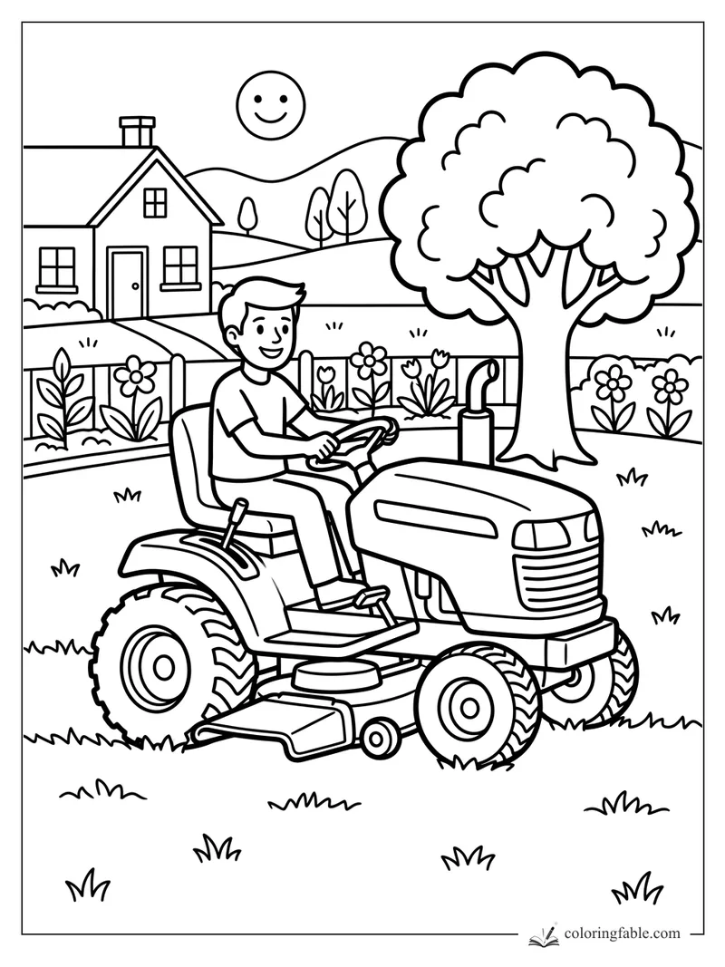 Boy driving a lawn tractor past flowers, a fence, a big tree, a house, hills, and a smiling sun.