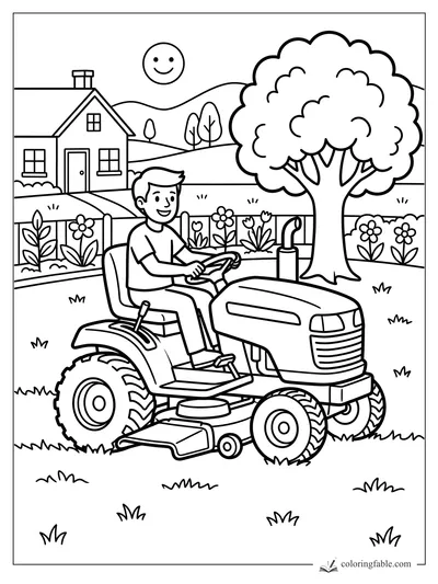 Boy driving a lawn tractor past flowers, a fence, a big tree, a house, hills, and a smiling sun.