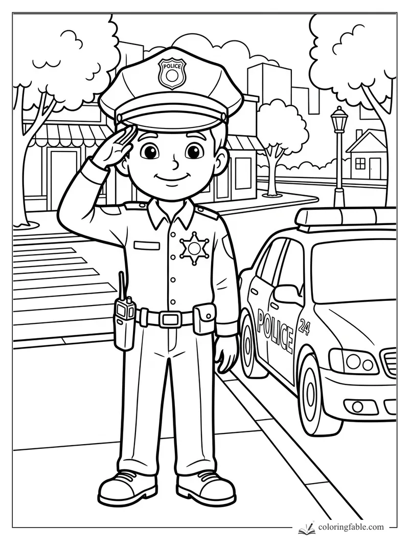 Boy dressed as a police officer salutes beside a patrol car on a city street.