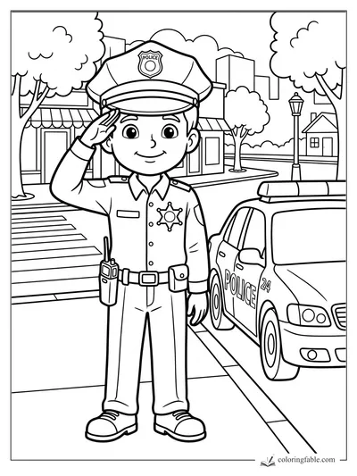 Boy dressed as a police officer salutes beside a patrol car on a city street.
