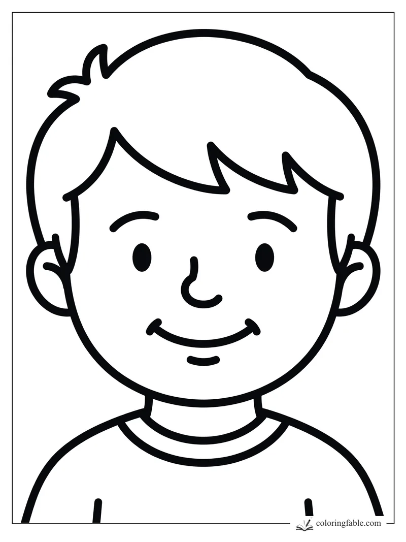Bold easy coloring page of a smiling boy with swoopy bangs, round ears, and a plain shirt.