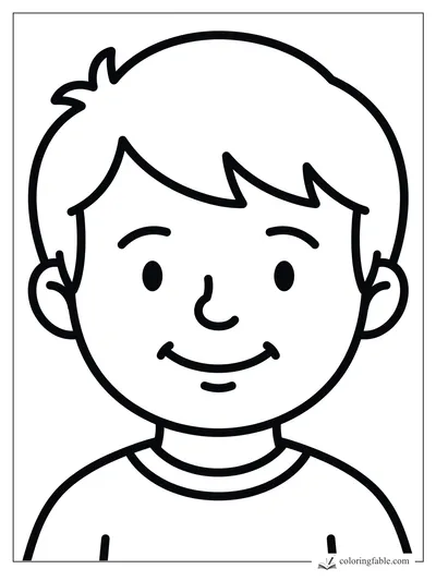 Bold easy coloring page of a smiling boy with swoopy bangs, round ears, and a plain shirt.