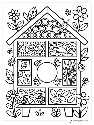 Easy bug hotel coloring page with ladybugs, a smiling bee, flowers, leaves, logs, and grass compartments
