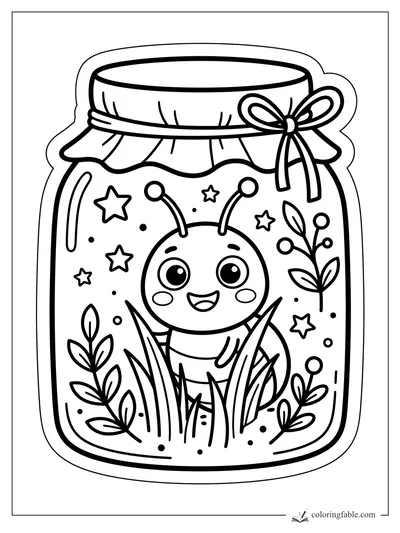 Cute smiling bug inside a mason jar with stars, leafy plants, a cloth lid, and a bow