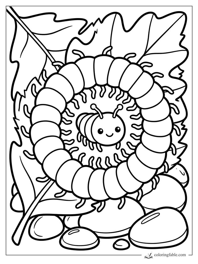 Smiling bug inside a curled centipede ring on leaves and smooth stones