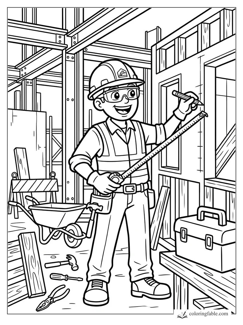 Cartoon builder in hard hat measuring a doorway at a construction site with tools and wheelbarrow