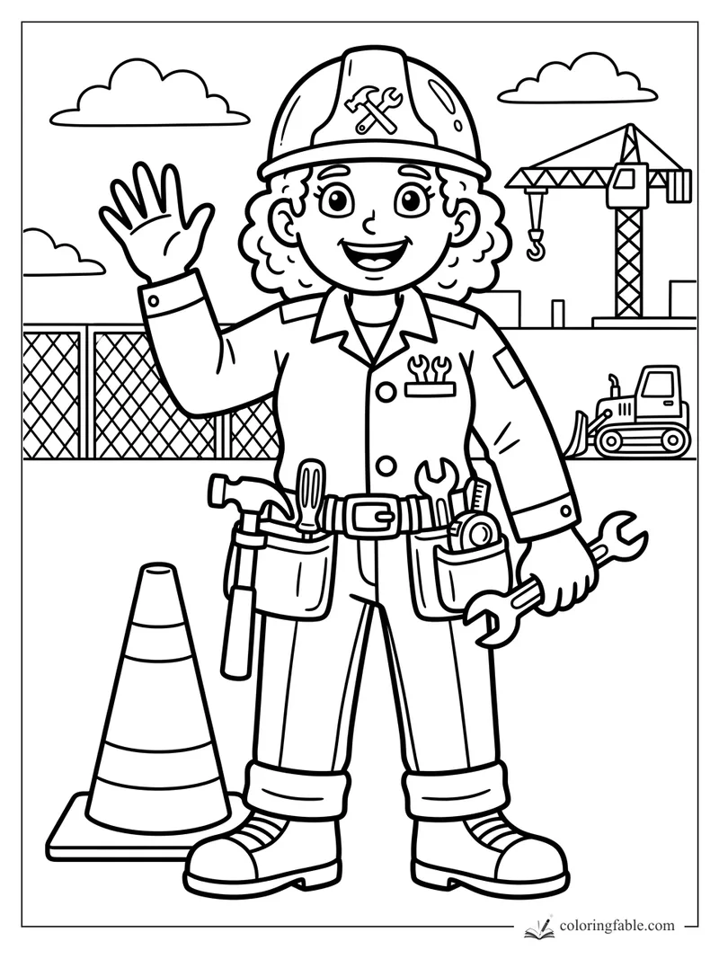 Smiling construction worker waving with tools, cone, crane, bulldozer, fence, and clouds to color.